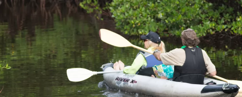 Couple paddling in canoe