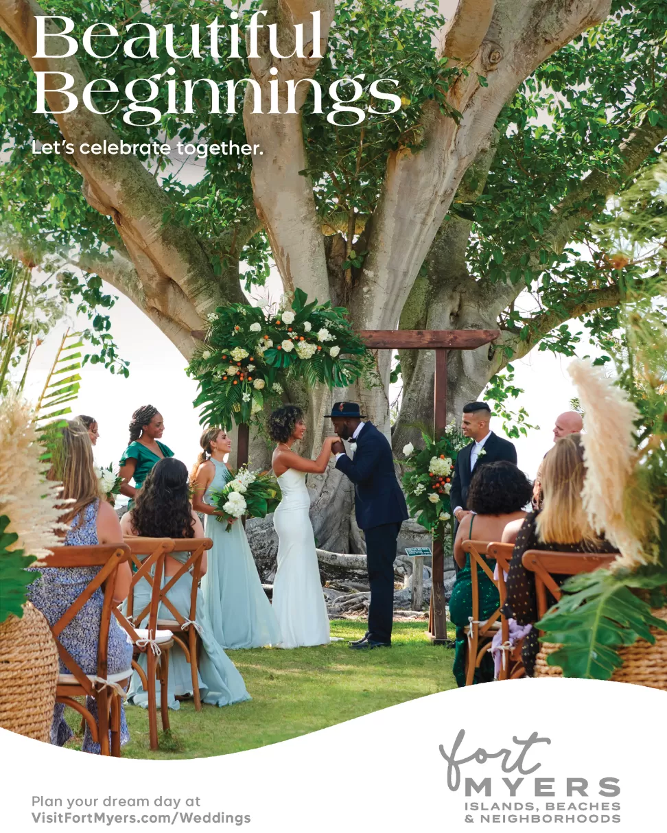 A Fort Myers Weddings Print ad featuring a wedding ceremony under a Bayan Tree at Edison Ford